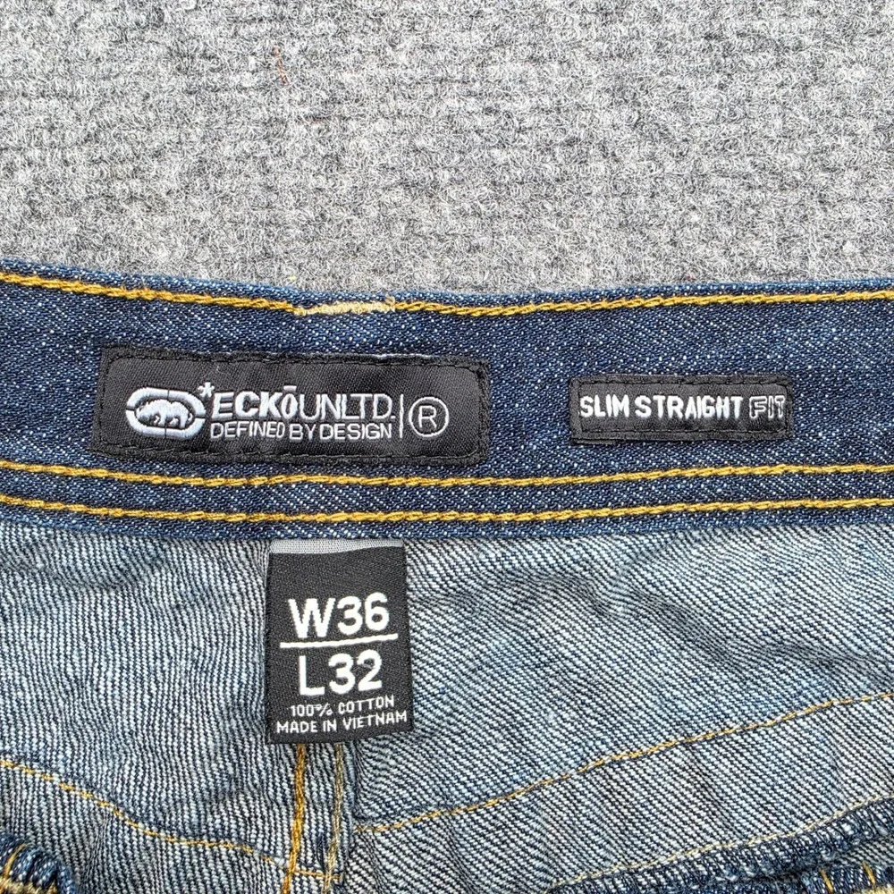 Ecko Unltd Jeans Mens 36x32 Slim Straight Fit Dark Blue Rhino Embroidered Y2K